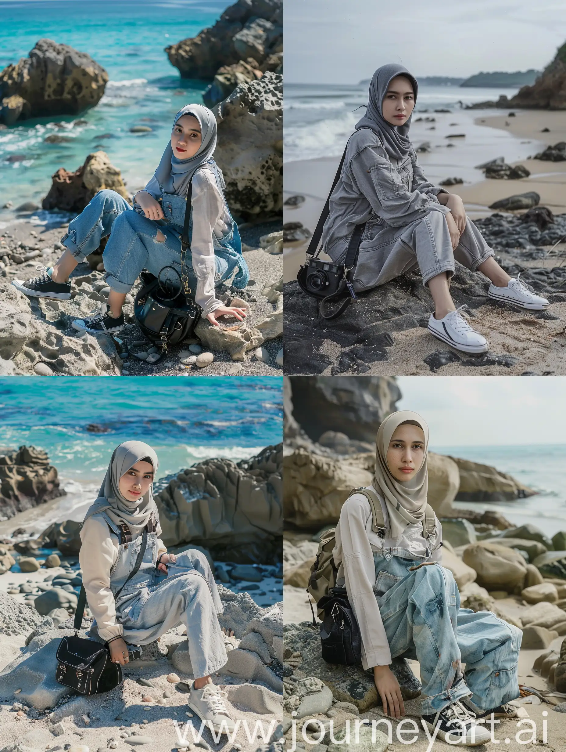 photo portrait of a 30 year old Indonesian hijab girl, on a beautiful beach, wearing overalls and a small black bag, sneakers, sitting on the rocks on the beach, very detailed, Leica camera, original photo