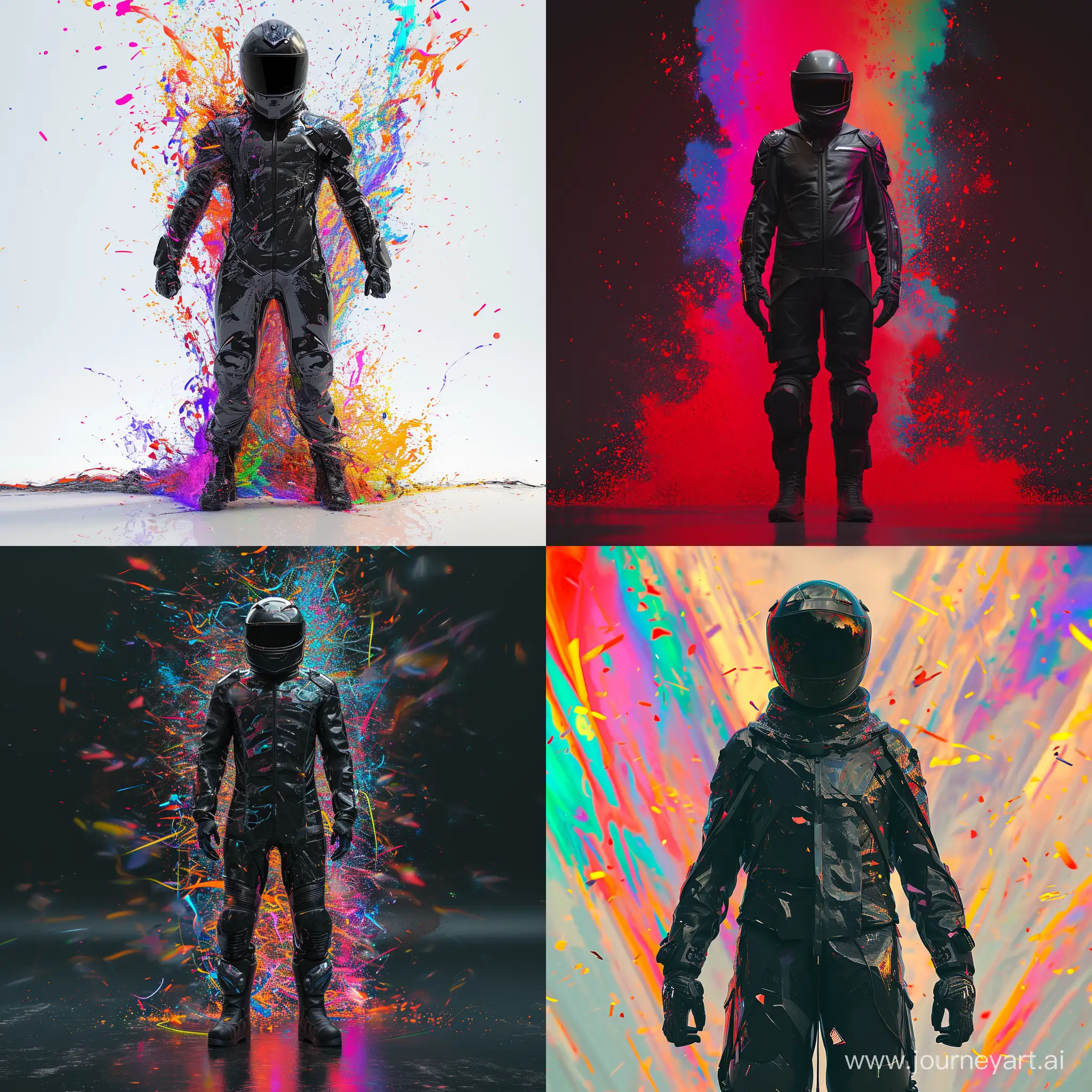 Full length portrait, 8K, realism, V-Ray, a black knight racer in armor stands at full height, in cyberpunk style, an explosion of colors, abstraction