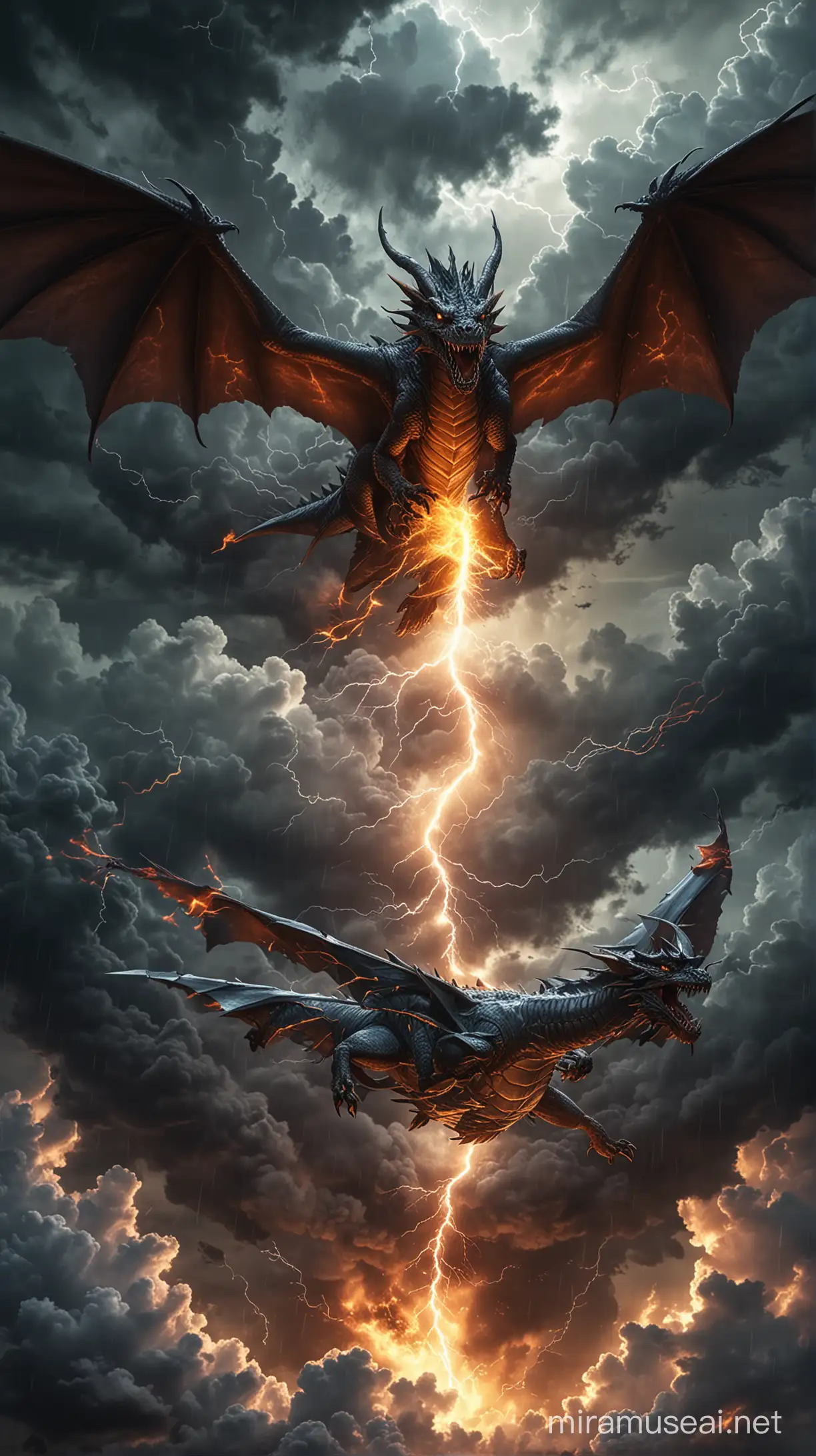 Digital Art, A stormy sky with lightning illuminating dark clouds, setting a dramatic atmosphere.A majestic dragon with the body of an aircraft, wings stretched wide and flames bursting from its mouth.Epic, powerful, and dynamic.
