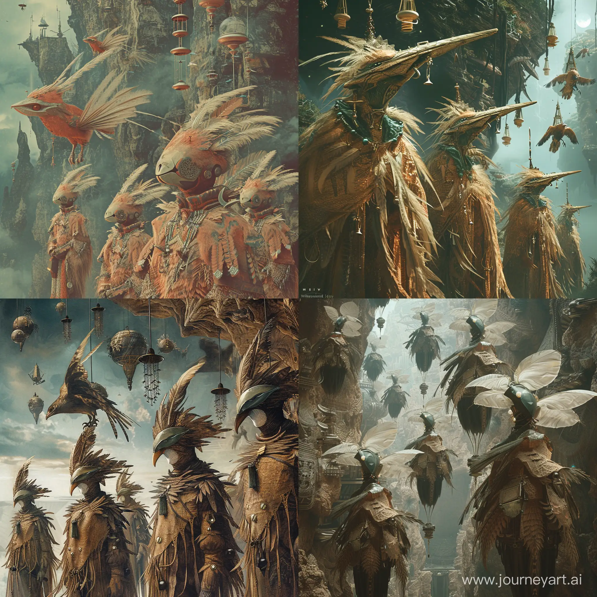 a bunch of Whisperwind Navigators wearing Lightweight, wind-woven garments adorned with feathers. Accessories made from enchanted wind chimes. Masks shaped like mythical birds with wide, sweeping wings, in a network of airborne islands connected by floating bridges. Skyports with airships and observatories where navigators study the patterns of the celestial winds., 1970's dark fantasy style, gritty, dark, vintage, ultra detailed