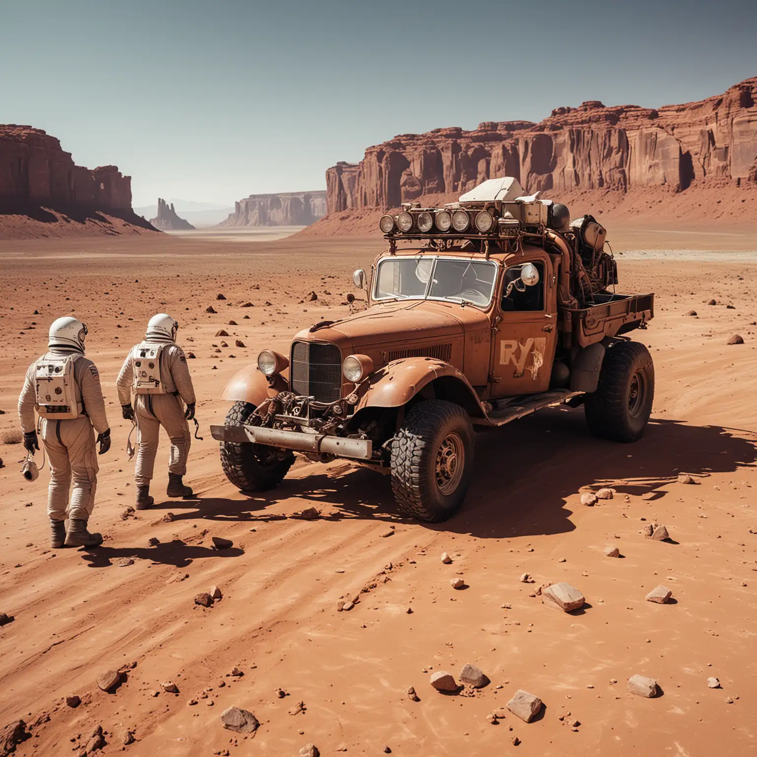 on the planet mars a junked ford v8 1937 and two astronauts towing the car by hand