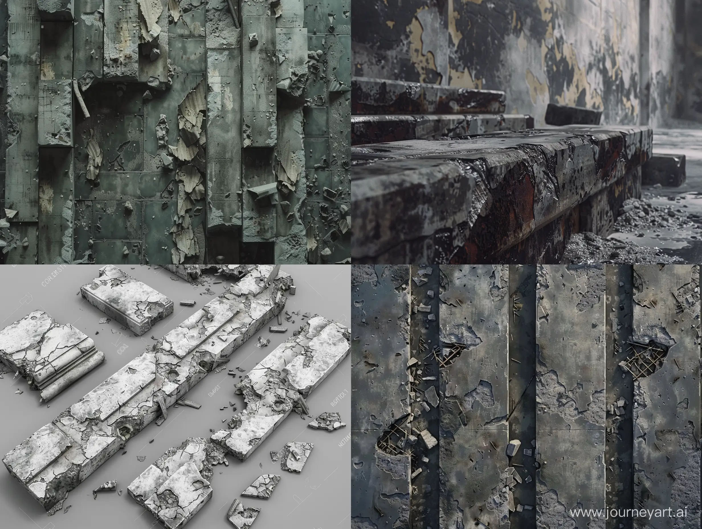 Asset of sprites for 2d platformer. long concrete beats, pieces of ruins, peeling walls. the details are made of iron. A map of sprites. post-apocalypse, brutalism. 8k. photorealism, unreal engine
