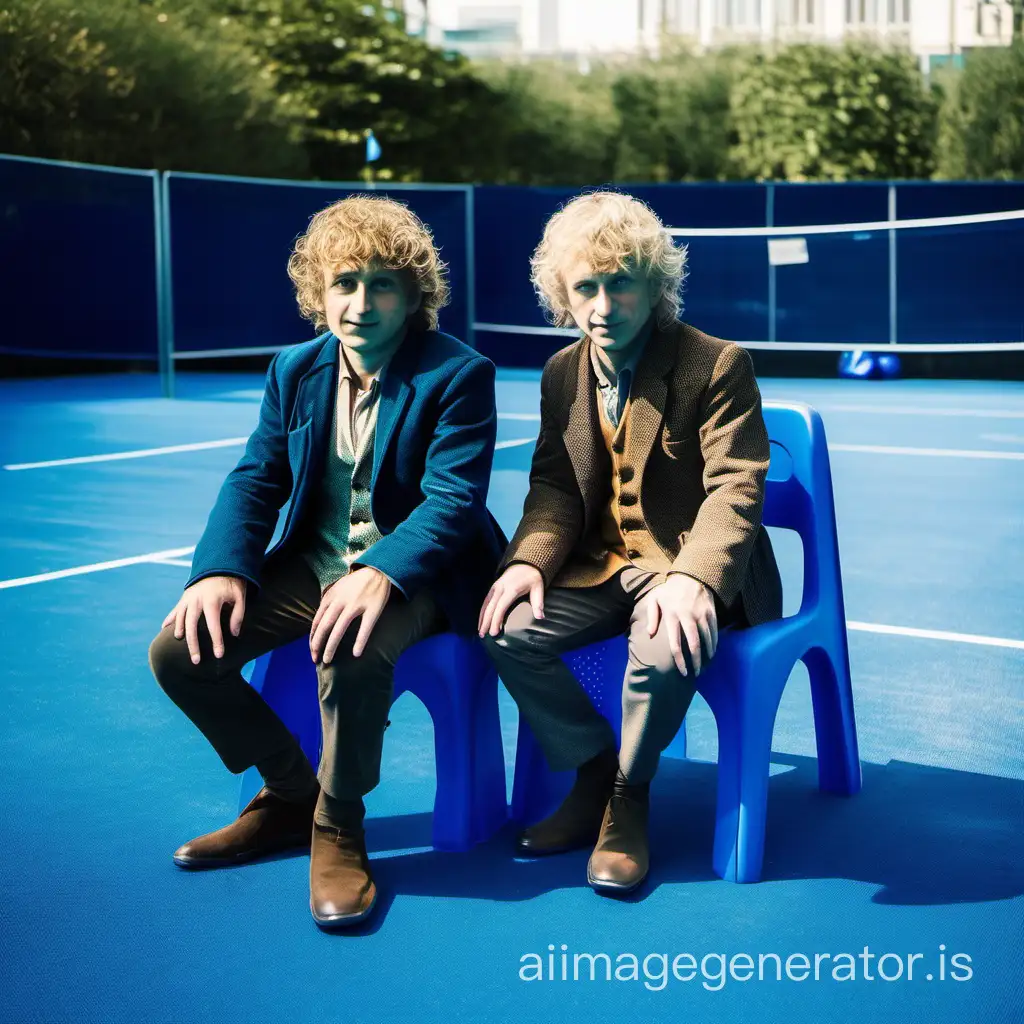 two hobbits sitting on low plastic chairs on a blue padel court
