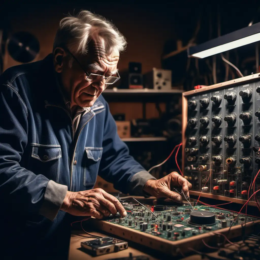 Take advantage of cutting-edge imaging technology to produce a portrait of a man in his 60s, in a workshop repairing an audio system. The workshop is illuminated and has several tools.
