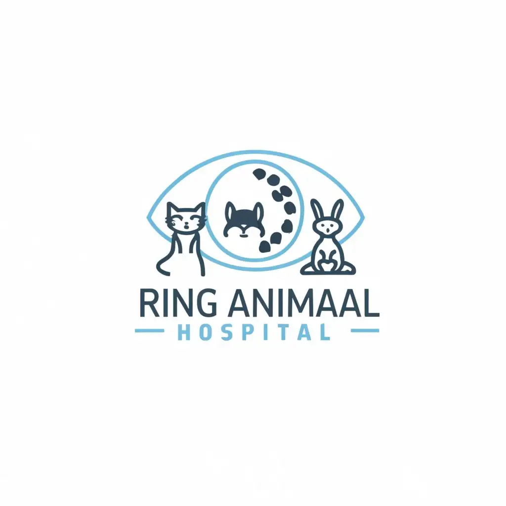 one cat, one dog and one rabbit inside an eye. round logo. simple logo. blue colors, typography, be used in Medical Dental industry, with the text "Ring Animal Hospital", typography, be used in Medical Dental industry