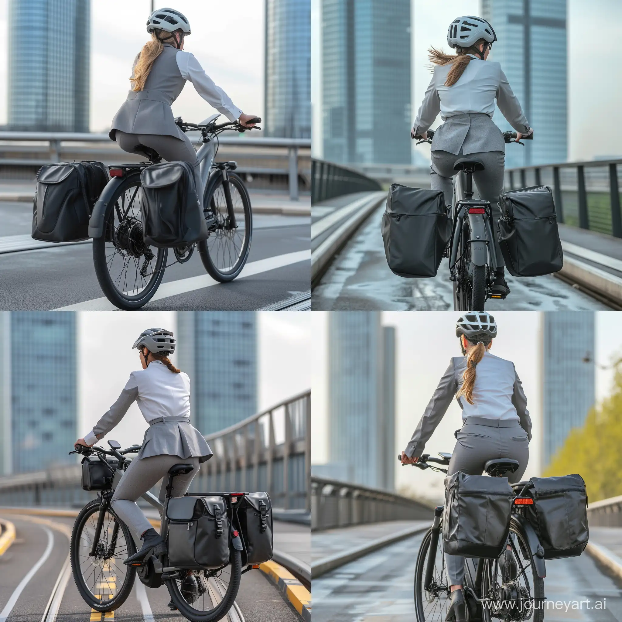 Professional-Woman-Riding-Electric-Bike-to-La-Dfense-Towers-in-Paris