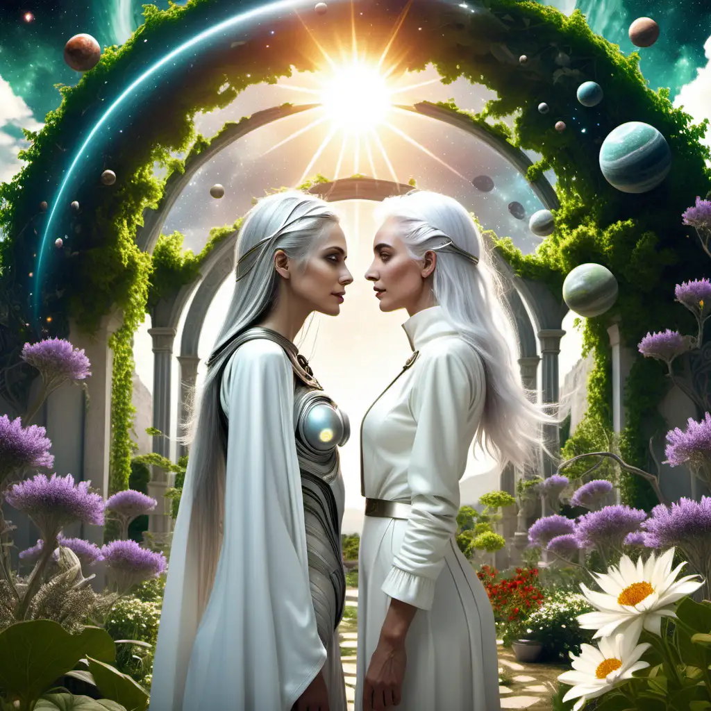 a starseed trendy woman from the future with silver hair, white clothes, meets a woman from greece, they stand separately and look at each other in a fantasy garden, there are planets above her head and the sun is blazing down bright, there is an archway with and green flowers 