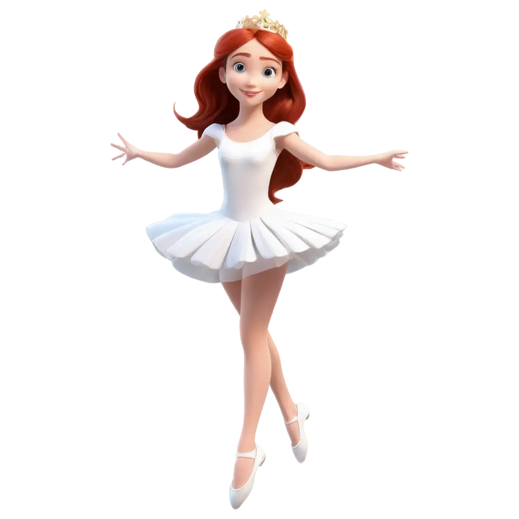 a cute ballerina girl jumping up, white dress, big blue eyes, red hair, little crown, in the style of Walt Disney Animation Studios 3d 4k 