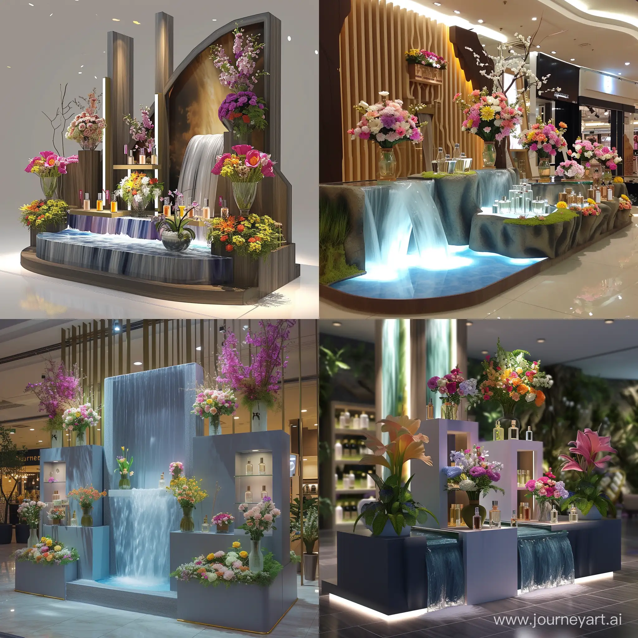 Elegant-Perfume-Display-Booth-with-Floral-Accents-and-Water-Features