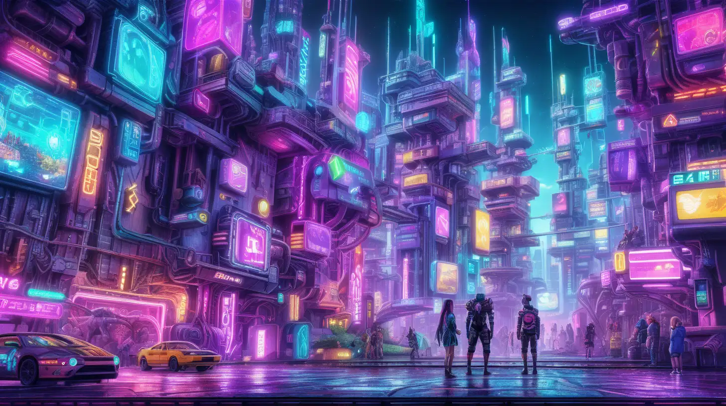 an image of a colorful cyberpunk world made of pixels and code, a beautiful, digital wonderland , with unusual characters and exciting challenges