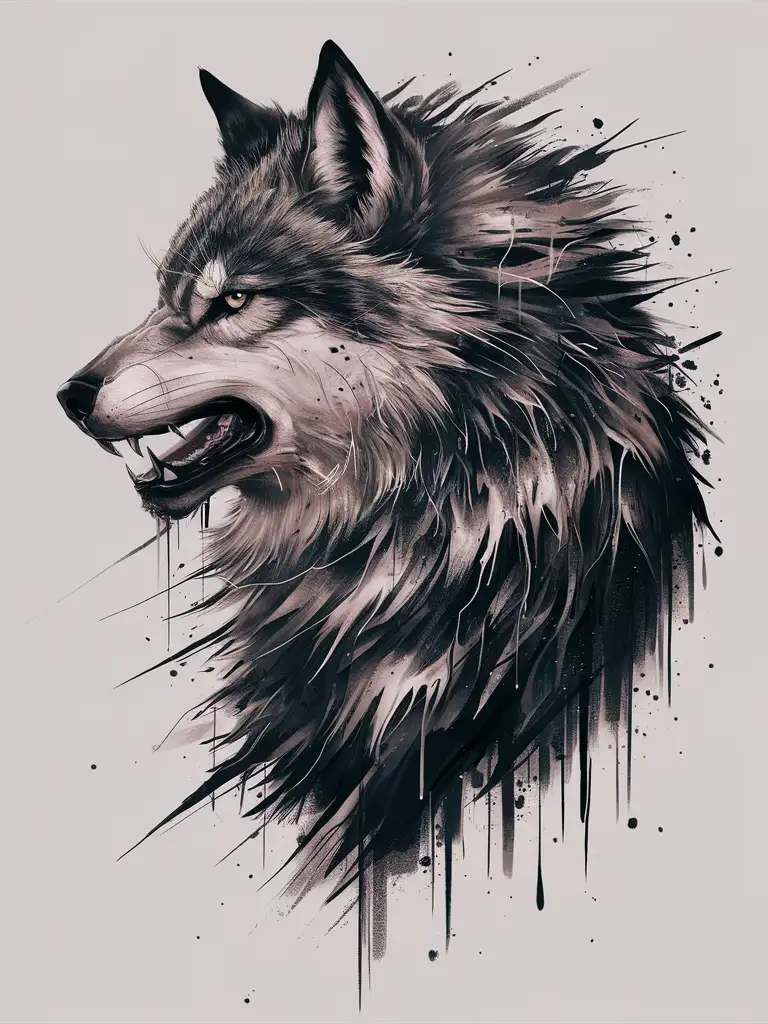 masterpiece wolf tattoo design, three-quarter profile angle, modern dark tattoo style, explosive strong brush chaos dripping , michael hussar black ink details, white background
