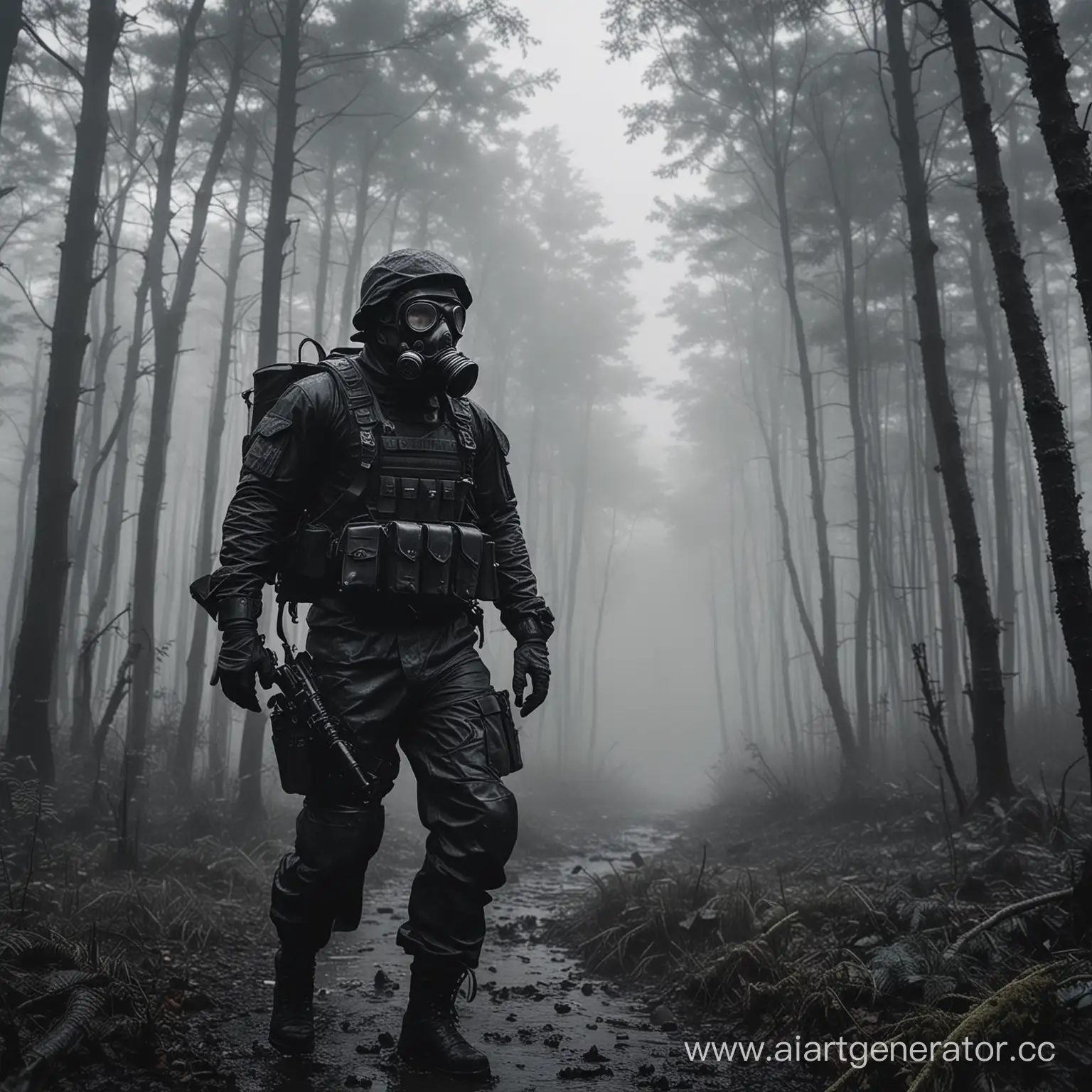 Special Forces soldier who is dressed in black assault gear with gas mask, Location dense rainy gloomy forest, the overall picture should resemble the movie scp owerlord, the camera should be distant relative to the soldier, the atmosphere itself is dark. 