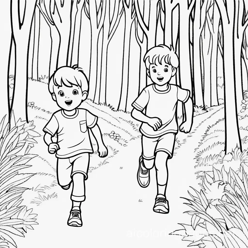 two boys running into the forest, Coloring Page, black and white, line art, white background, Simplicity, Ample White Space. The background of the coloring page is plain white to make it easy for young children to color within the lines. The outlines of all the subjects are easy to distinguish, making it simple for kids to color without too much difficulty