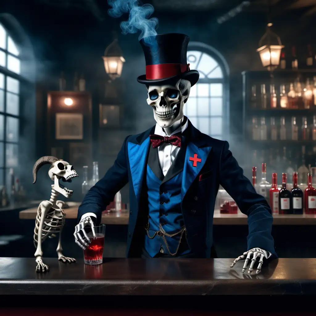 UHD, 8k, A photorealistic surrealist picture of an elegant gentleman skeleton wearing a morning suit and a black top hat with a red cross on it, blue waistcoat, smoky atmosphere, scull forms, standing at a bar, drinking with two goats, medical cross