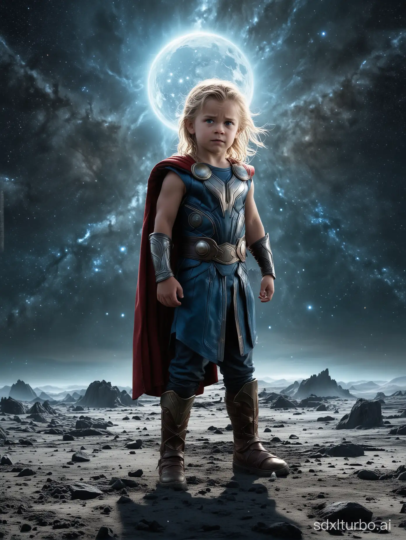 A child, full body, facing the camera, visible facial features and hair, transformed into the thunder god Thor standing on the surface of the moon, with a blue planet behind him, the Milky Way galaxy appearing faintly.