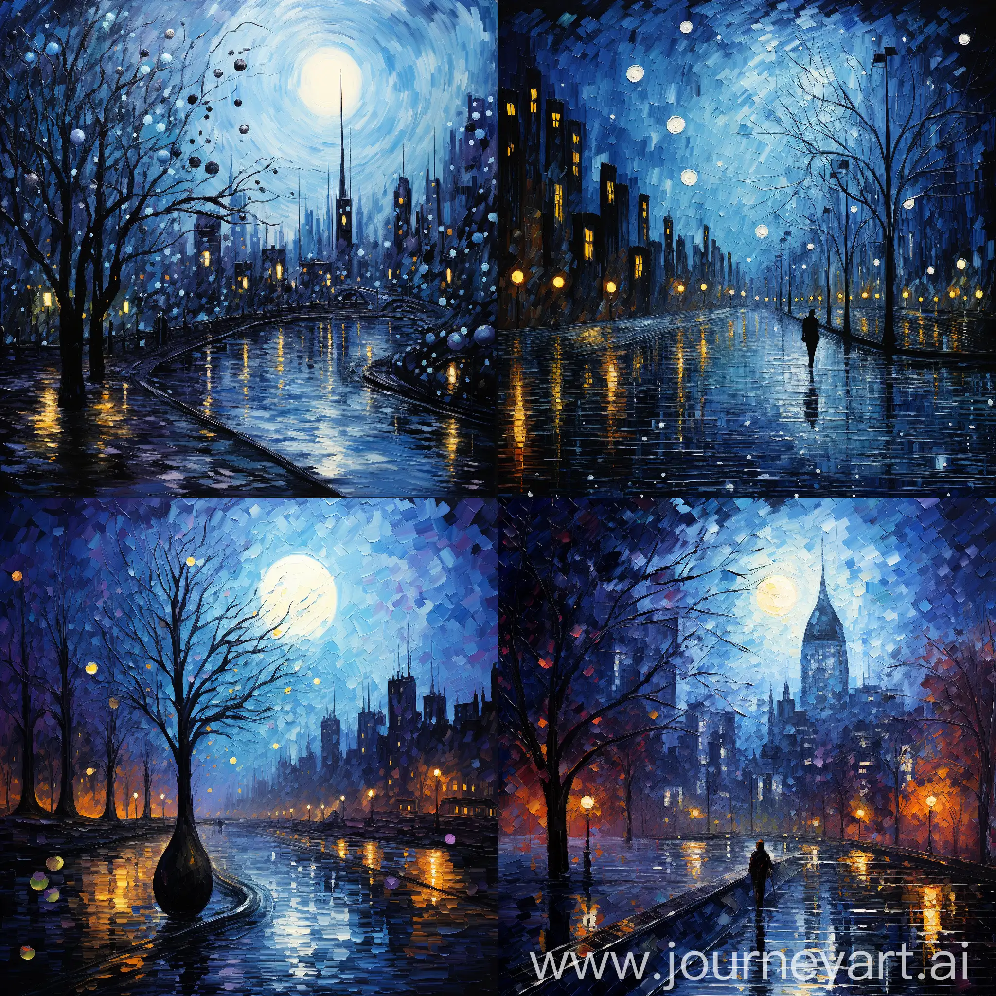 Blue, New York City, Rainy Night,a Blackberry Fruit, inspired by starry night, Vincent Van Gogh, moonlightilluminatingthe city, oil painting --s 750 --ar 1:1 --v 5.2 --style raw