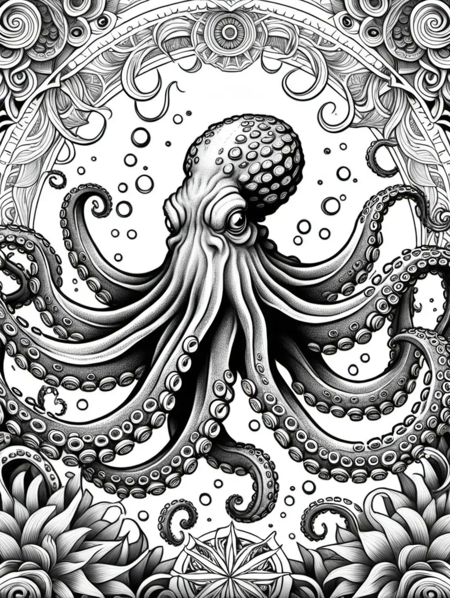 Adult coloring book, octopus, mandala, black and white, high detail, no shading