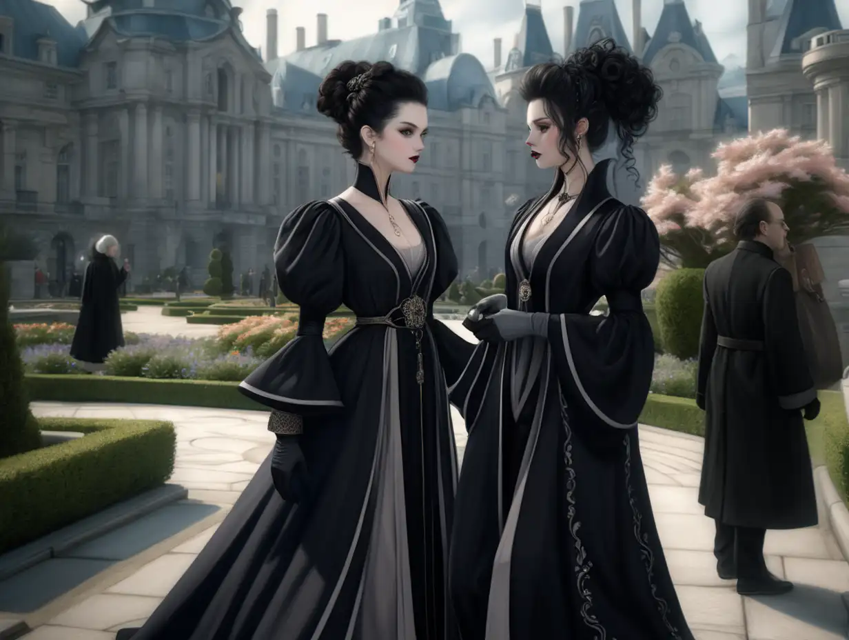  Dreaming city, beautiful, royal attire black curly hair, pale skin, grey eyes, dreaming city, black robes, black gloves, female, black make up, black mascara and lipstick, angered look on her face, robes, Standing in the city, perfect posture, victorian, looking away from camera, hair tied up in a messy bun, proper and unamused look on her face, full body shot, royal look, show full body, in the royal garden, garden, grand garden, holding child daughters hand, standing next to daughter, wideshot, child has a happy look on her face