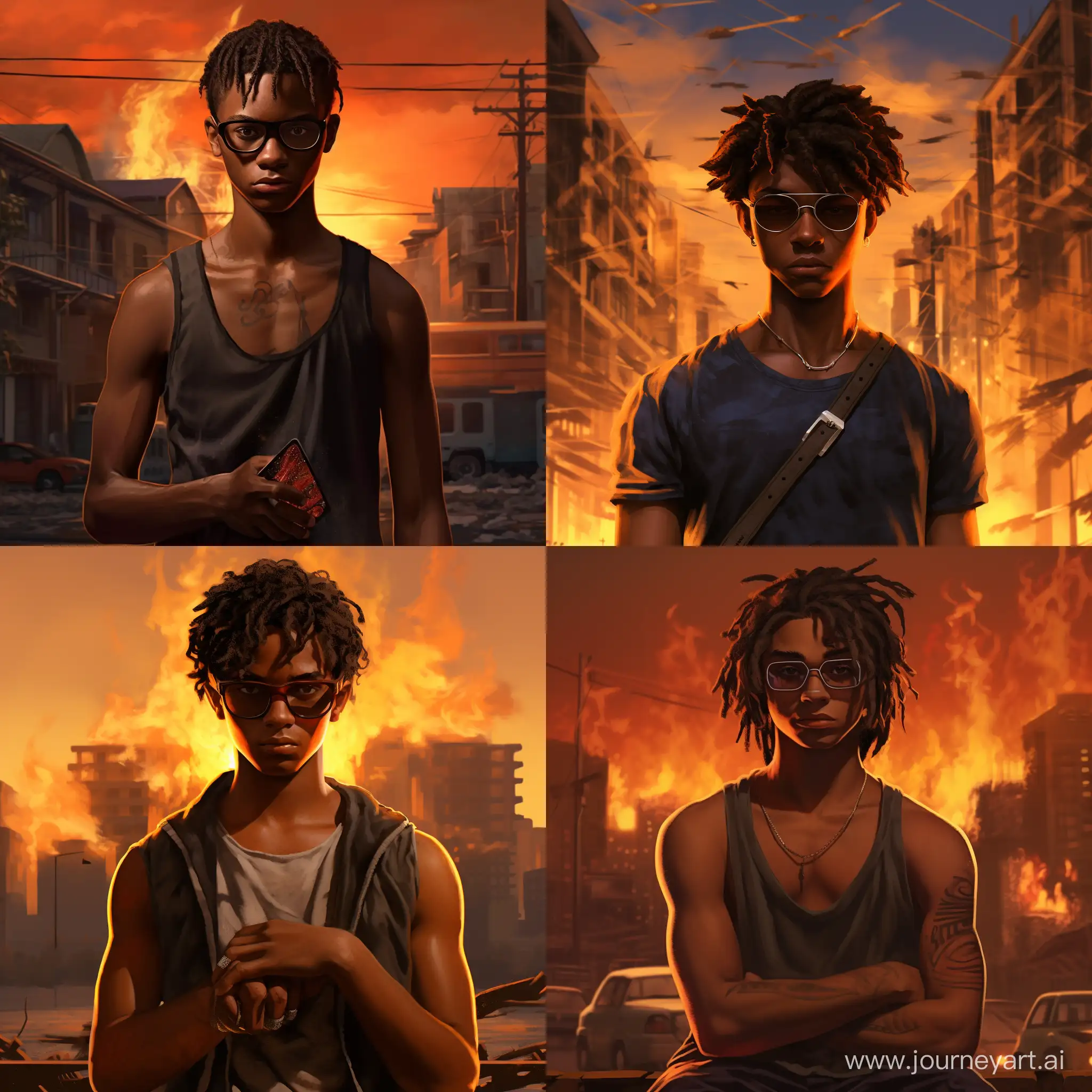 An evil teenager guy with brown skin and straight hair brushed to the side and thin glasses shirtless that can control fire with his hands looking at his hands while he burns the city 