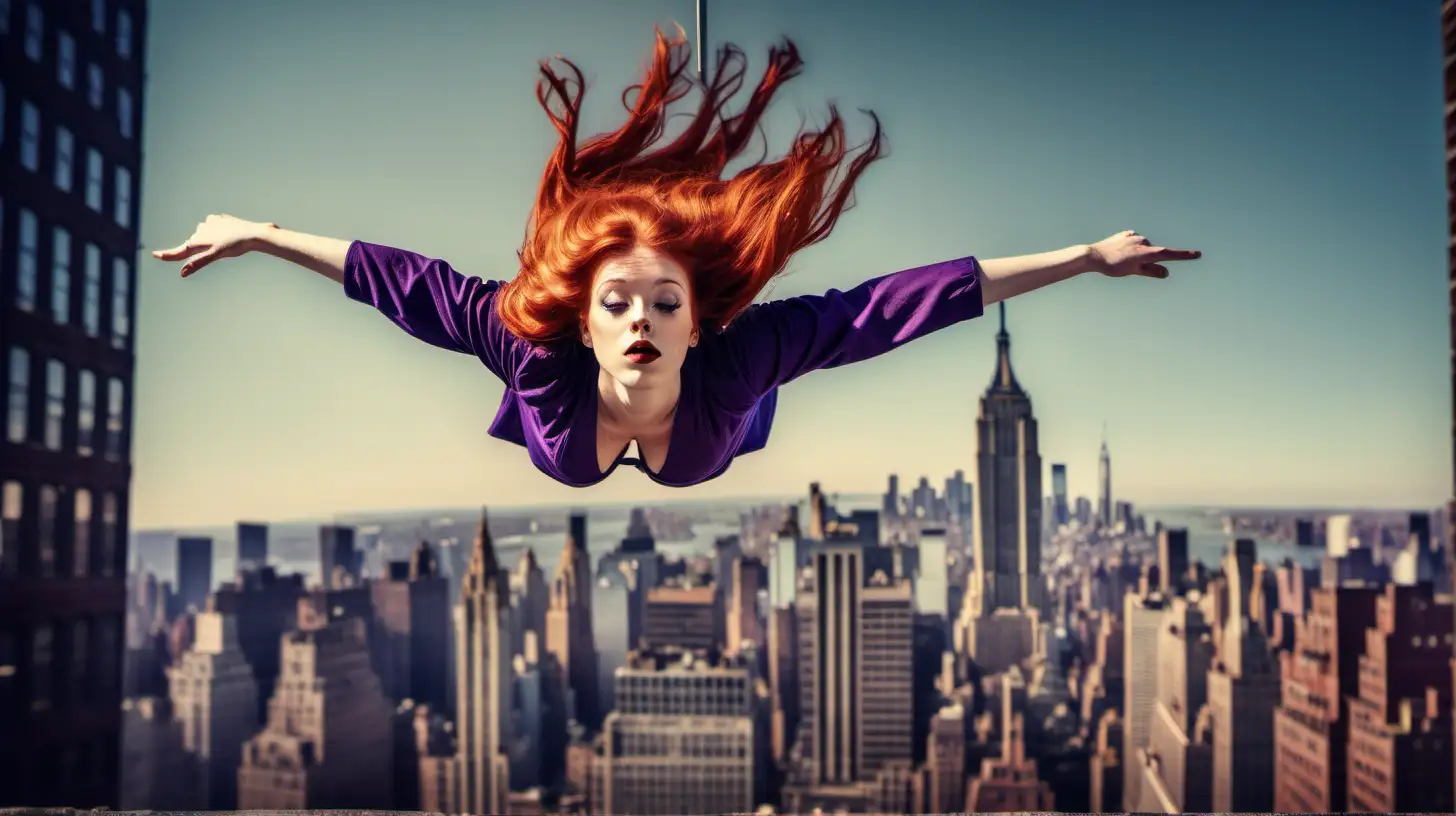 create a random picture of a beautiful young redheaded scantily clad woman in Manhattan where all objects are upside down and levitate a few meters above the ground, levitate, floating in the air a few meters above the ground, vintage color red, blue and purple
