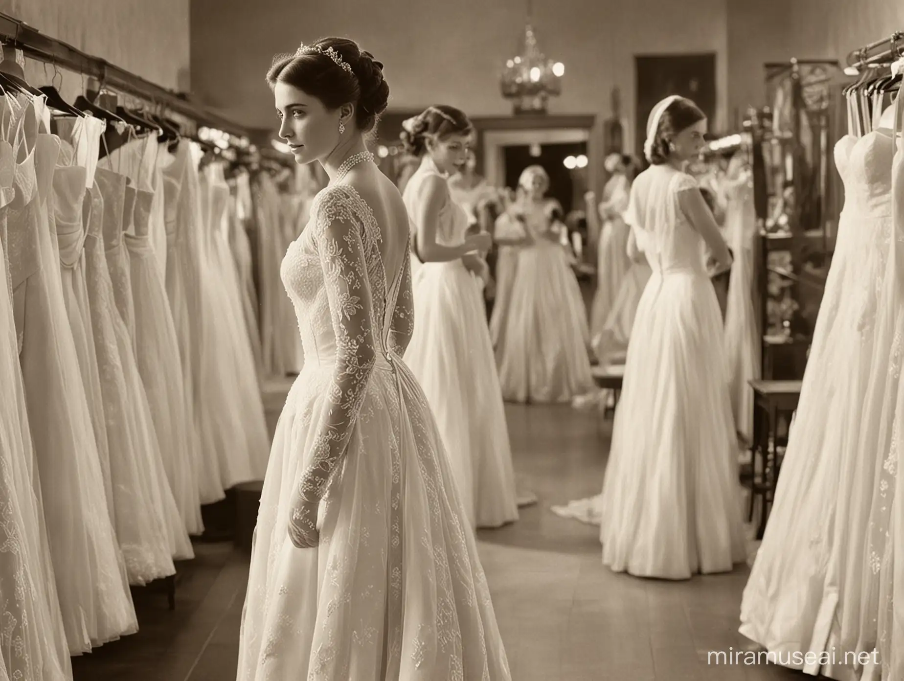 una señora de espaldas en una tienda de vertidos de novia a inicios del siglo 20 