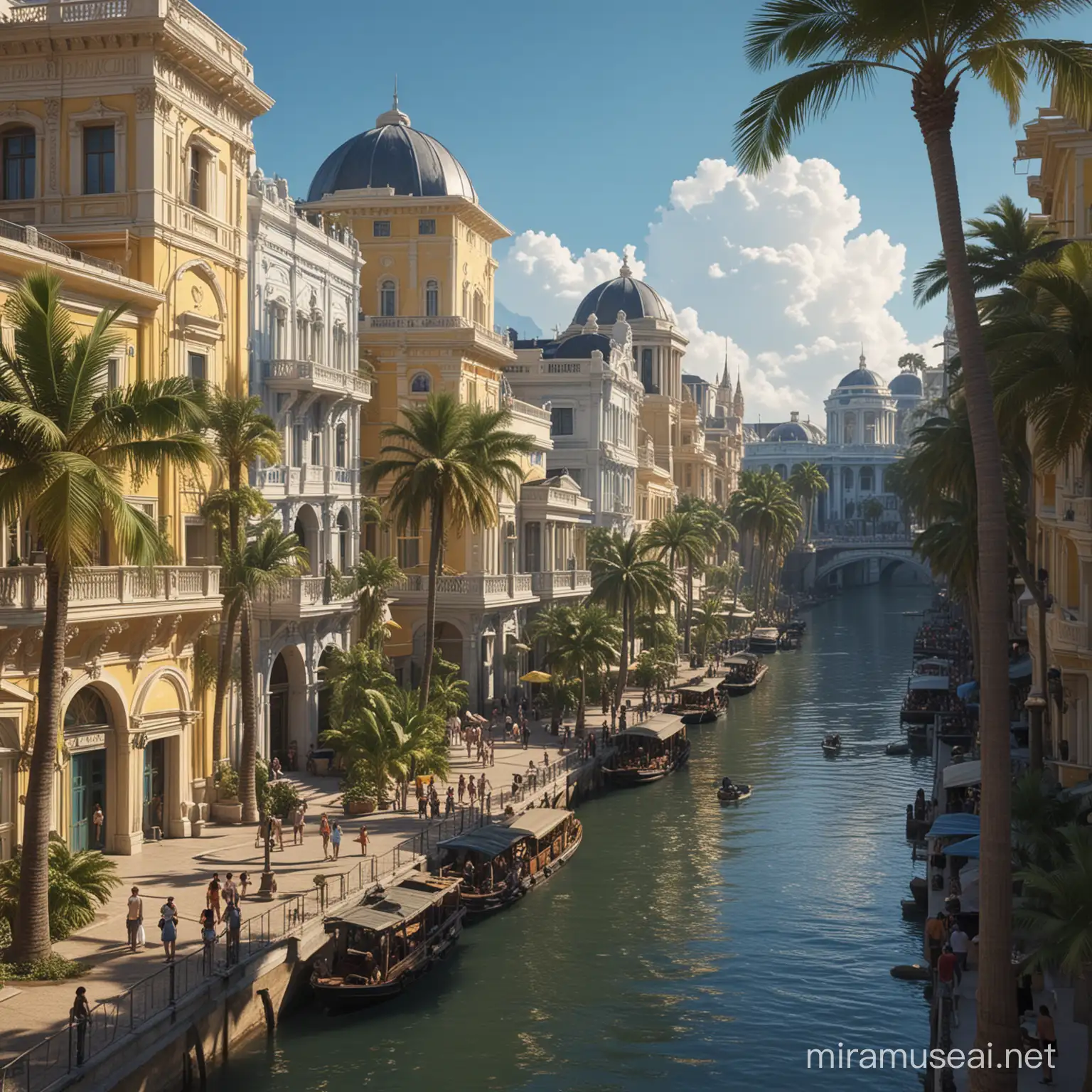 longshot , sun lighting of a utopia Tomorrowland 2015 river city. buildings are detailed of neoclassical style. moon is big. buildings are blue  white and yellow . lots of palm trees . place is exotic. city looks realistic