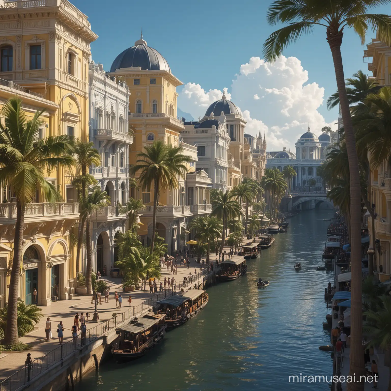 Sunsetlit Neoclassical Utopia River City with Exotic Palm Trees | MUSE AI