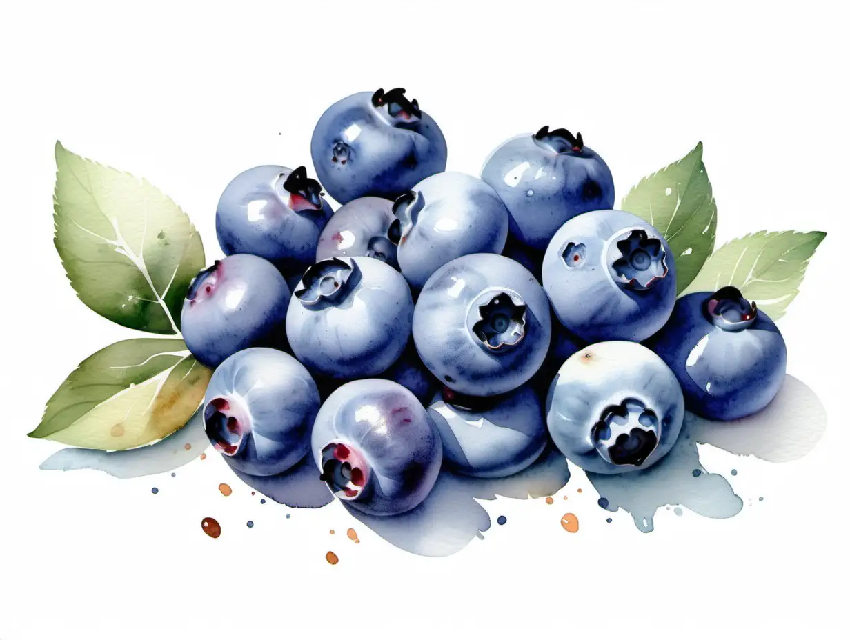 Fresh Blueberries in Watercolor on White Background