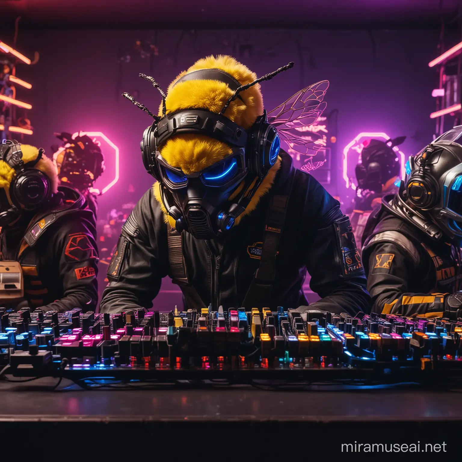 bee in the foreground with gamer helmets and neon lights