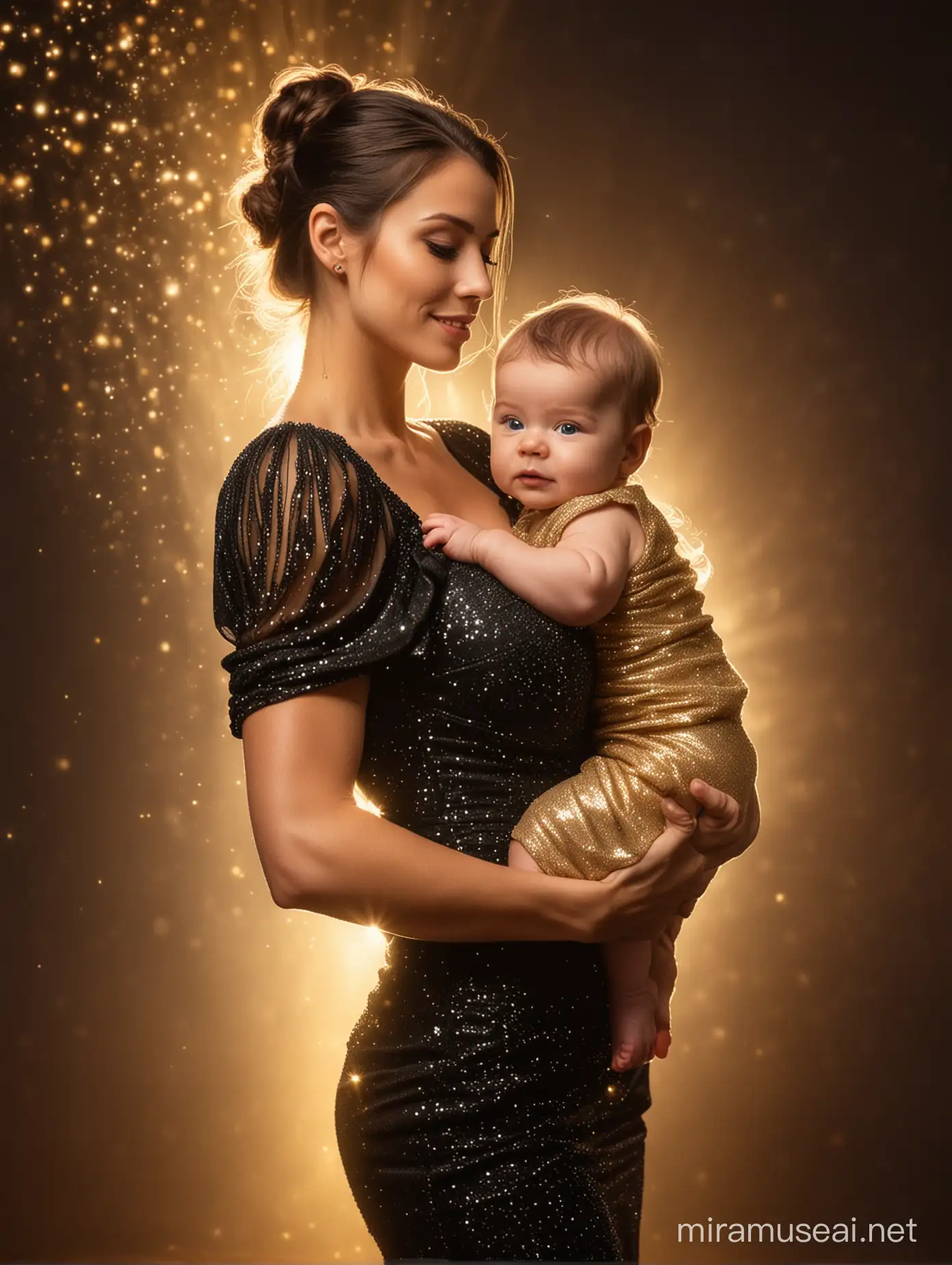 Romantic Couple Embracing with Baby Boy in Radiant Glow