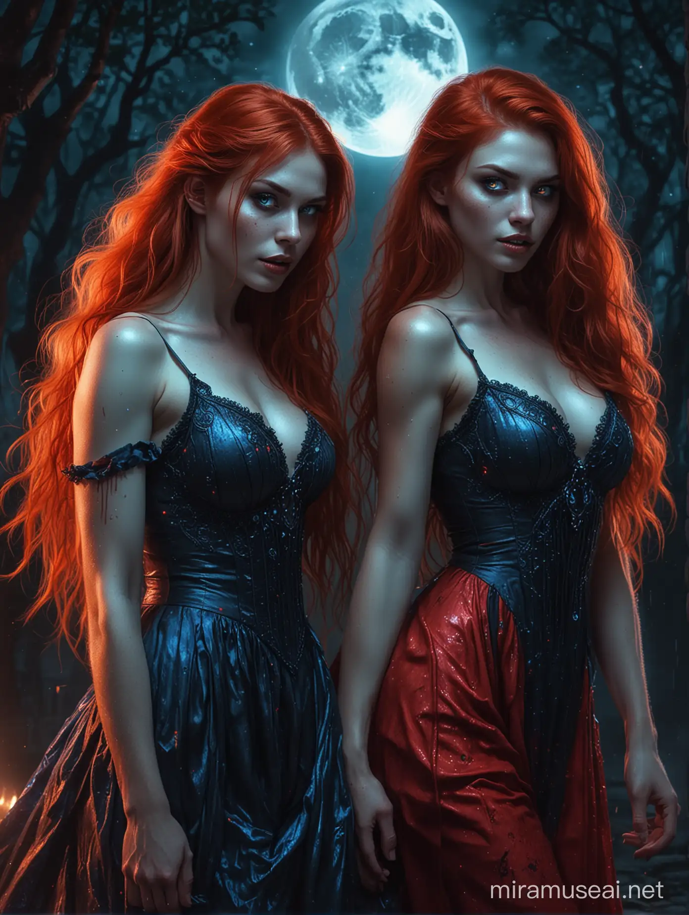 Two beautiful red hair ladies in a glowing bloody red dress and the other in a sparkling blue glowing dress with red and blue glowing eyes , leaning back to back against each other, with a mighty black creepy werewolf standing fierce behind her in the dark night, and a glowing moon with a goddess face shining inside it.