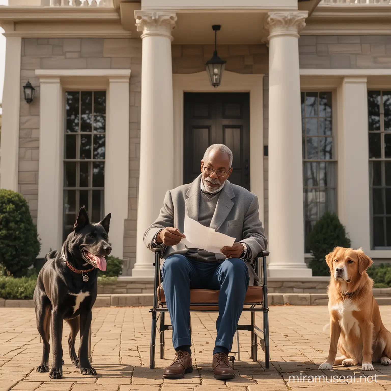 retired black man giving a will to his dogs in a mansion