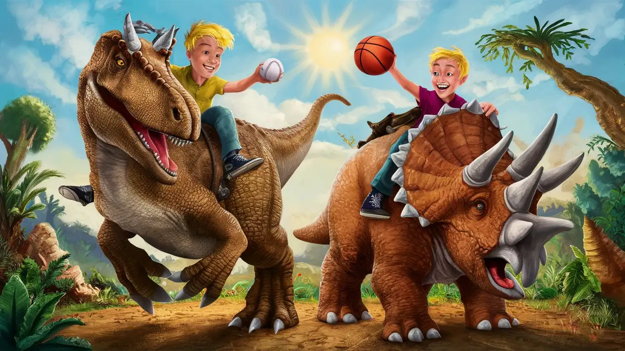 One blonde boy holding a baseball ball is riding an apatosaurus and another blonde boy is riding a triceratops while holding a basketball.