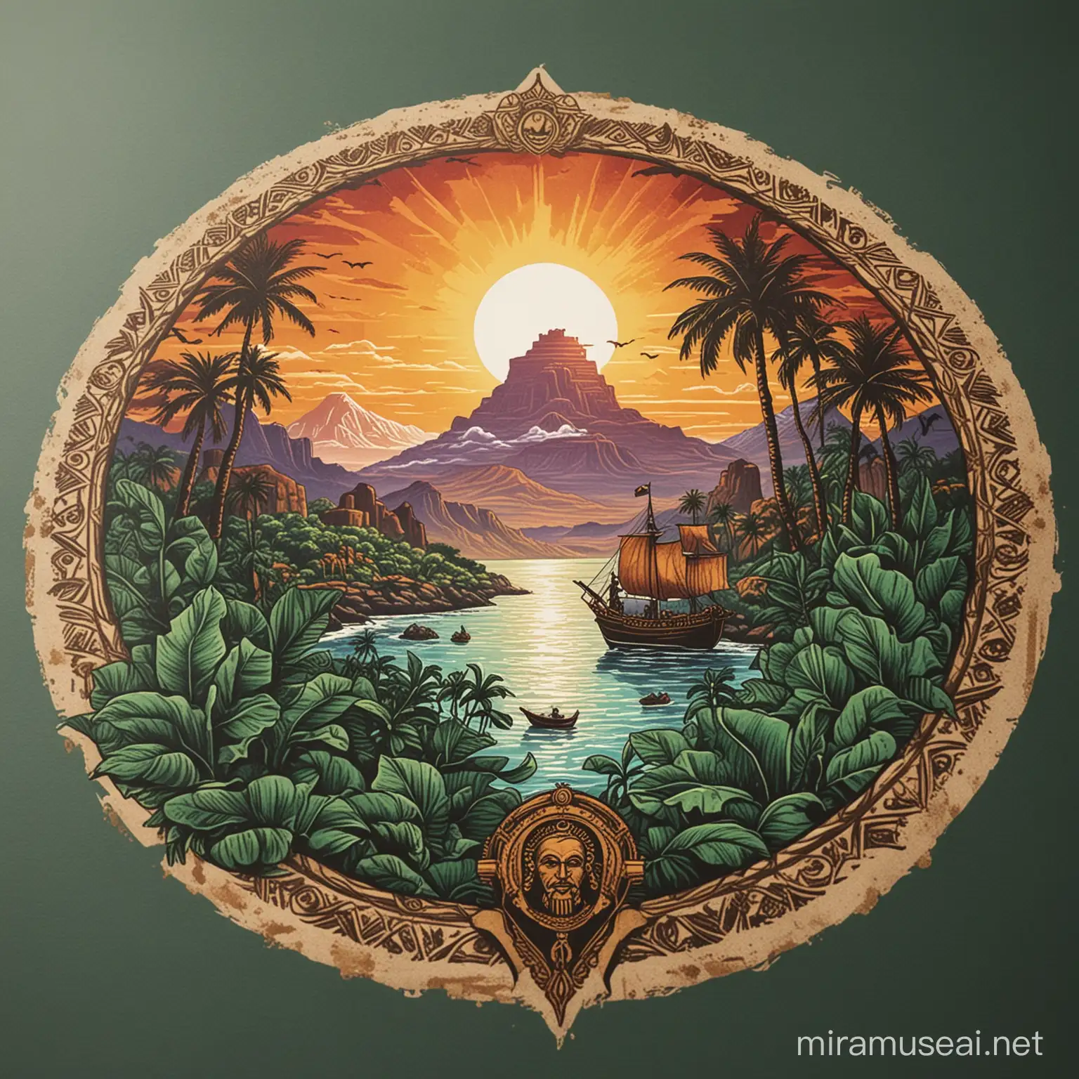 create a coloured realistic  indian spice visual with maui mountains in the background and pirates ship in an ocean running through it, with the sun rising in power between the mountains, create a perfect flat logo with a silouette of African castles,
, perfect  and clear cultural images of wakandan writing , safari foreground, ocean and gentle mountains  which Includes a visible image of a majestic Powerful Ancient African King inside the circle, 1-2 colors,emarald, block print technique, no copy/type on logo, taro leaves in foreground with golden outline around the leaves.
