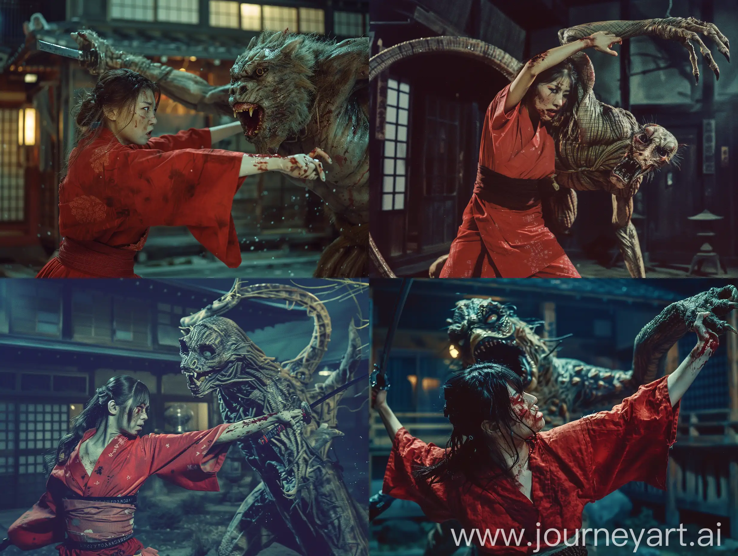 realistic movie stills, Japan's Edo period, late at night, a beautiful female ninja fight with a terrifying monster, fighting, full body, full shot, wide shot, The female yokai in a red kimono is fighting. The female yokai is the incarnation of an alien. Her arms are stretched to an astonishing length. The female ninja is injured and bleeding. She is desperate not to admit defeat. raises her ninja sword and fight with the monster. The fighting movements are exaggerated and action movie-like. movie stills, realism, clear light and shadow, movie texture, film photos, expired film, ninja looked melancholy, with a fierce look in his eyes, creating a melancholy atmosphere , aesthetics of violence, an amazing fantasy movie scene, strong dramatic tension, rich details, clear light and shadow, a strong sense of cinema 
