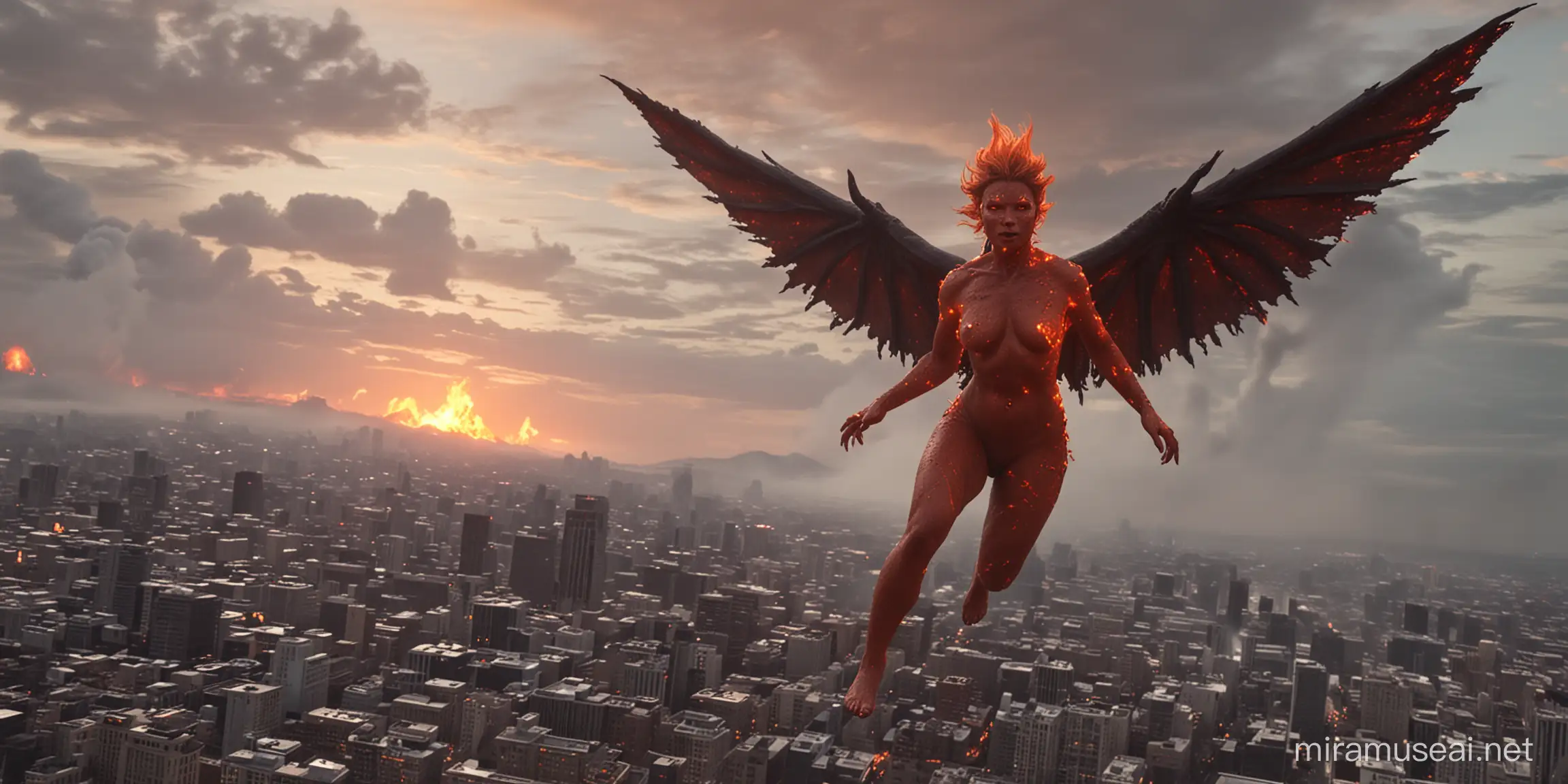 Nude Female Lava creature flying over the city