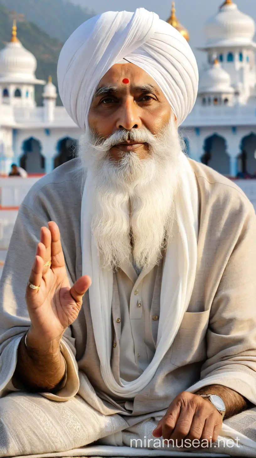 guru amardas ji,white beard,white dress, white round turban,85 years old, wrinkles on face,sit on carpet, giving blessings,in the background blur image of white gurdwara,bright Circle behind the head
