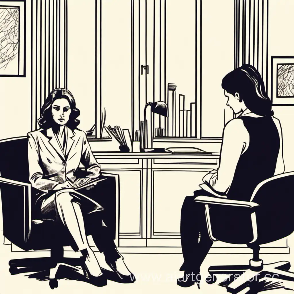 Психолог-женщина сидит в своем кабинете еапротив девушки-клиентки, которач пришла к ней из-за неразделенной любви