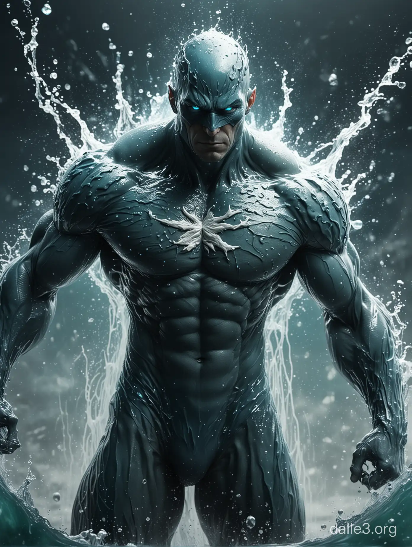 Powerful male superhero concept, humanoid figure composed of flowing water,  inspired by Morphling from Dota 2, superhero poster design, Marvel  influences, human facial features with a watery twist, proportional anatomy, intricate water skin texture, digital art medium, high-resolution 1920x1080 dimensions, vibrant colors blending blues, whites, and aquamarine, dynamic lighting to enhance water body effect, heroic stance, detailed muscle definition, emblematic superhero pose, captivating and visually striking composition.Water or ocean background, size of image must be 1080*1920 pixels. add text August in the bottom