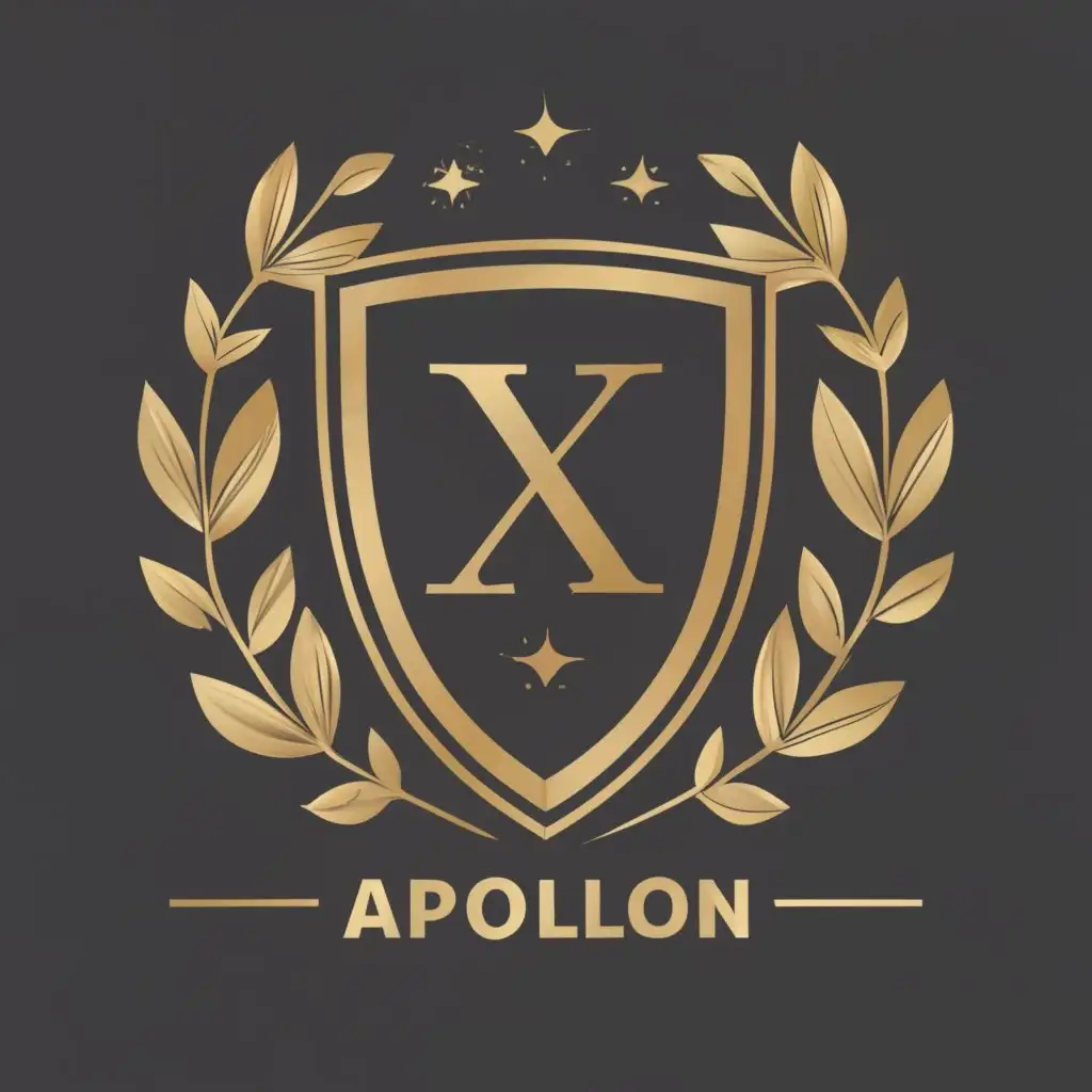 logo, lawyer letters x , a ,  everything in gold and inside a shield with a marble background, with the text "APOLLON", typography, be used in Legal industry
