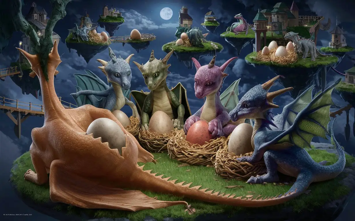 young magical dragons nesting and laying enchanted dragon eggs one dragon egg halfway out of there butts in a floating sky island town, butts sideways head facing camera with eggs halfway out, all islands at different elevations, hd, fantasy lighting, night, nervous/embarrassed, suspenseful, realistic.