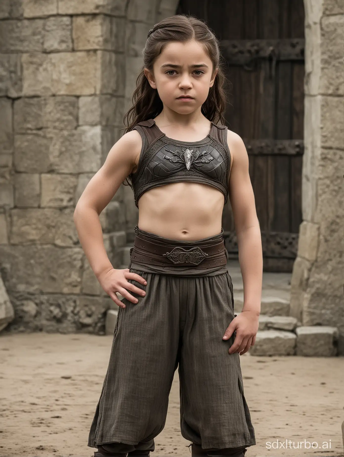 Aria Stark at 7 years old, showing her very muscular abs, in Game of Thrones