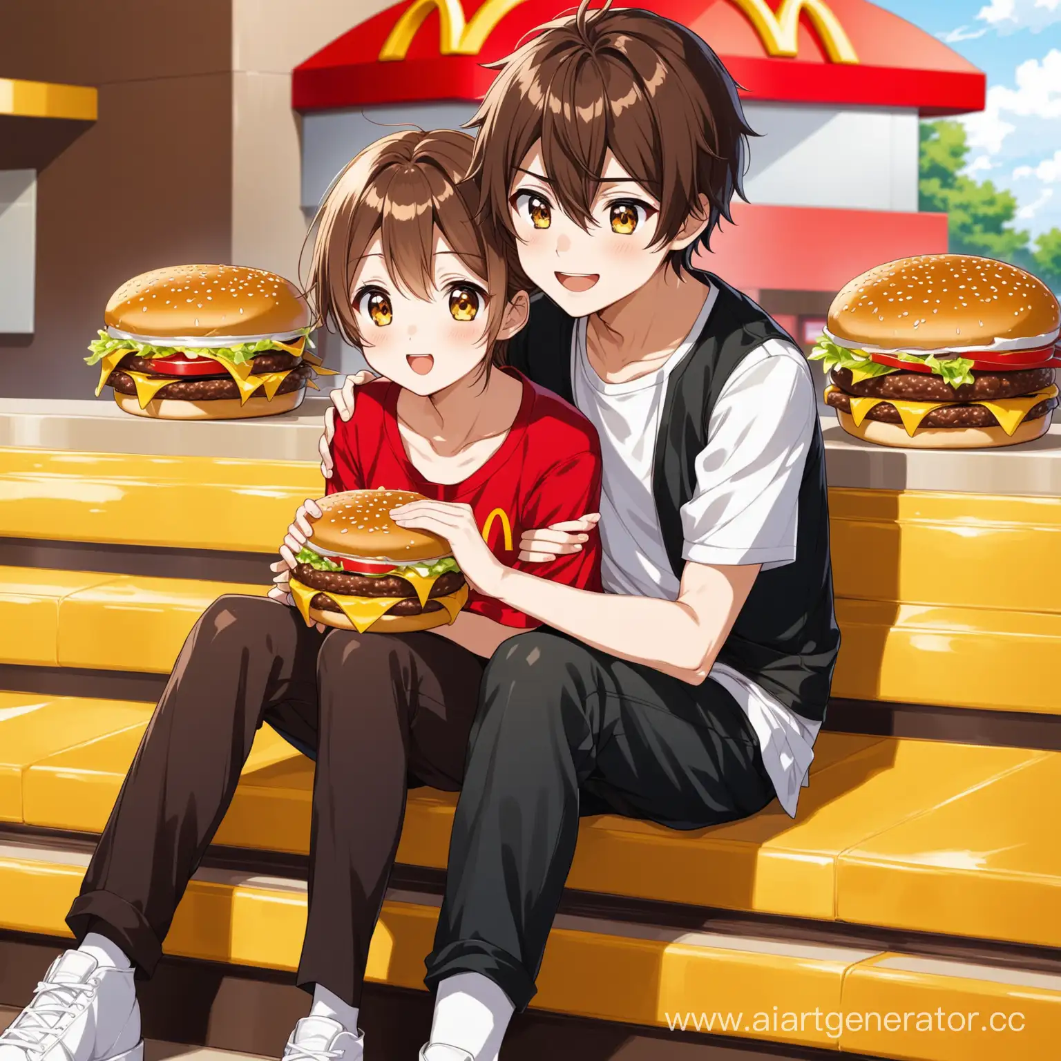 аниме мальчик с девочкой сидят на бургере макдоналдс коричневые волосы