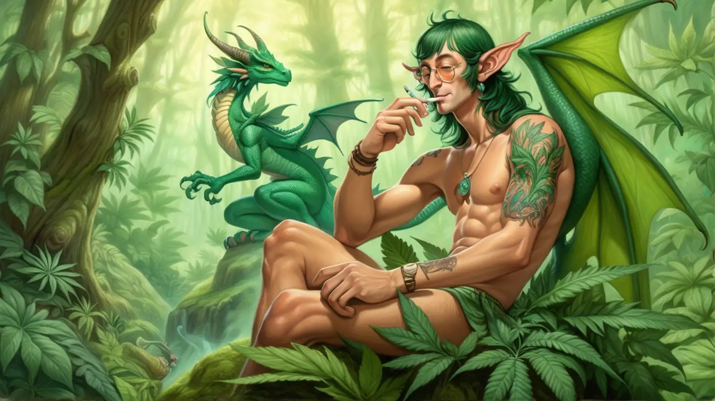 a man sitting on top of a lush green forest having a smoke break, hatched pointed ears, character splash art, tatoo, group portraits, boy, as an anthropomorphic dragon, john lennon, exotic fey features, loincloth, breeding, two pointed ears,cannabis, 