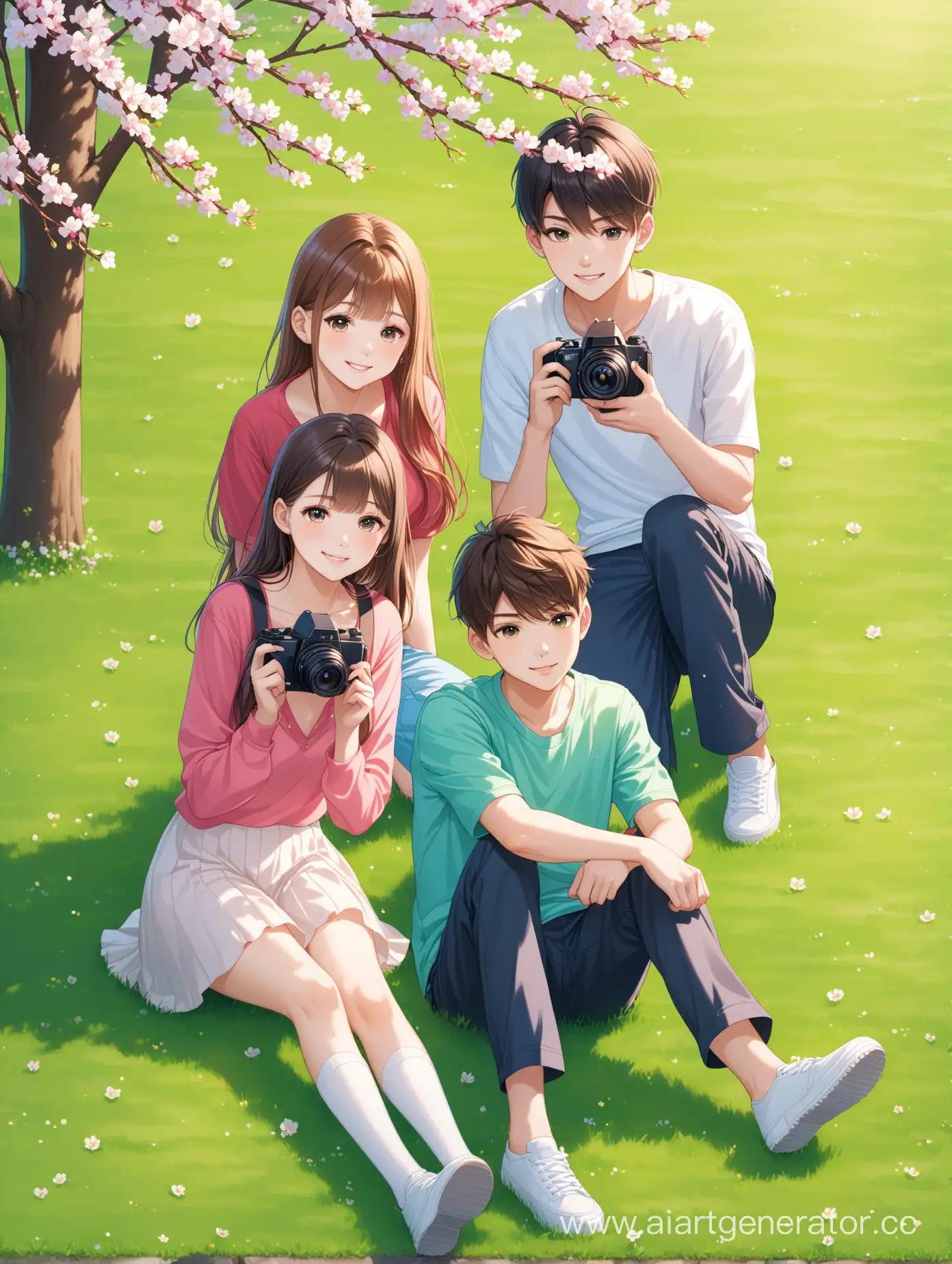 two teen boys and two teen girls are taking pictures on the lawn in spring