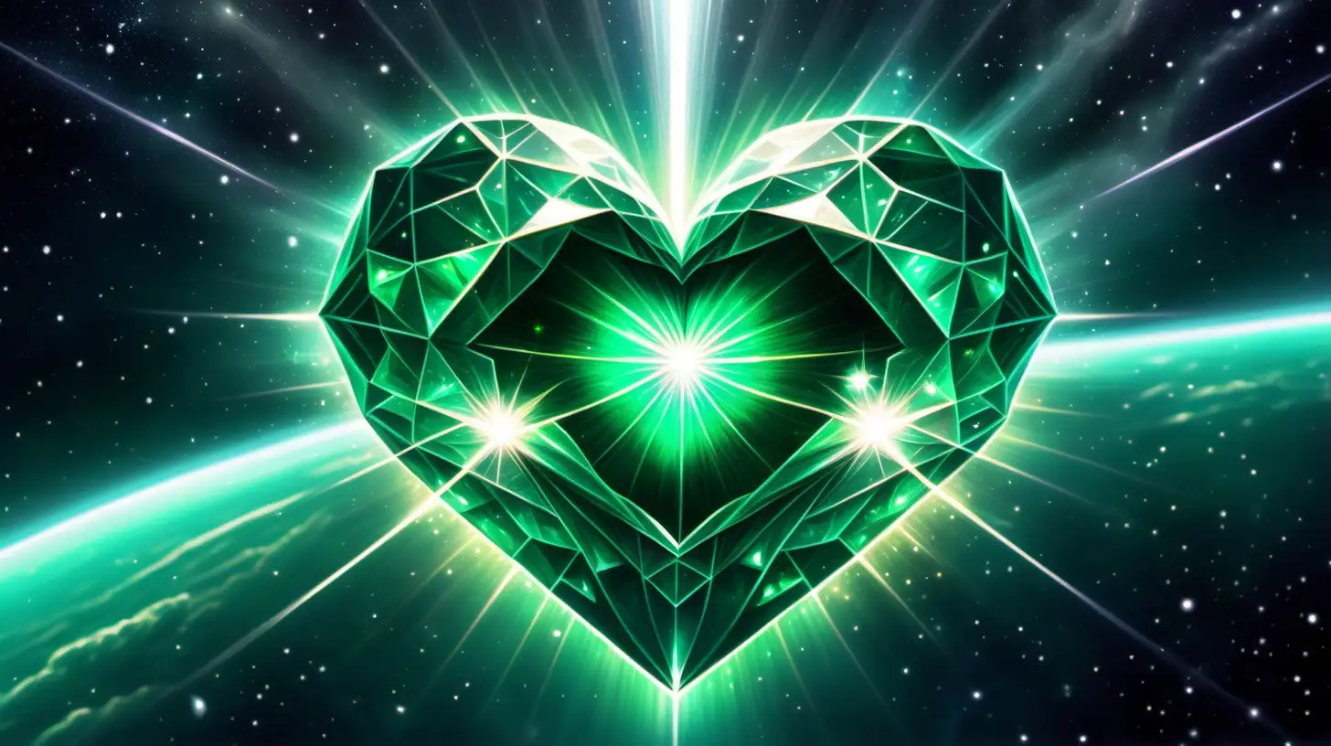 Mystical Emerald Heart Amidst Celestial UFOs in Deep Space