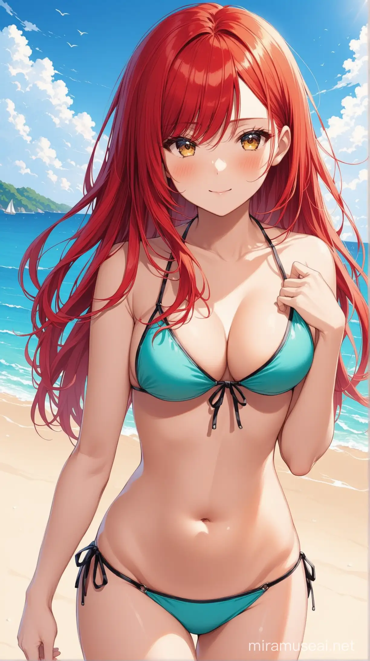 Vibrant RedHaired Woman in Bikini Soaks Up Sunlight on Tropical Beach