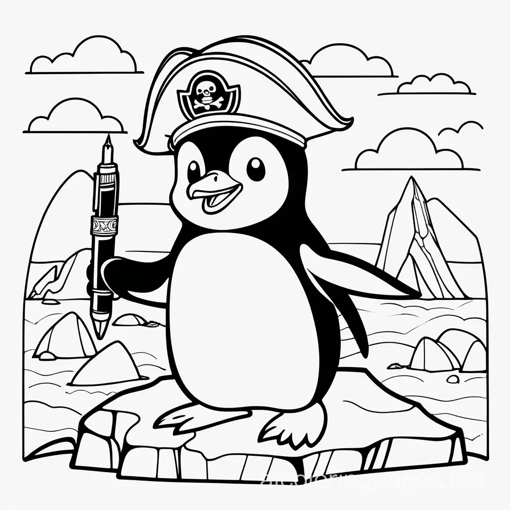A happy cute penguin standing on an iceberg in the Antarctic holding a fountain pen with clouds in the background. The penguin is wearing a pirate hat and has a pirate sword., Coloring Page, black and white, line art, white background, Simplicity, Ample White Space. The background of the coloring page is plain white to make it easy for young children to color within the lines. The outlines of all the subjects are easy to distinguish, making it simple for kids to color without too much difficulty