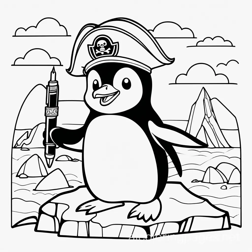 A happy cute penguin standing on an iceberg in the antarctic holding a fountain pen with clouds in the background. The penguin is wearing a pirate hat and has a pirate sword., Coloring Page, black and white, line art, white background, Simplicity, Ample White Space. The background of the coloring page is plain white to make it easy for young children to color within the lines. The outlines of all the subjects are easy to distinguish, making it simple for kids to color without too much difficulty