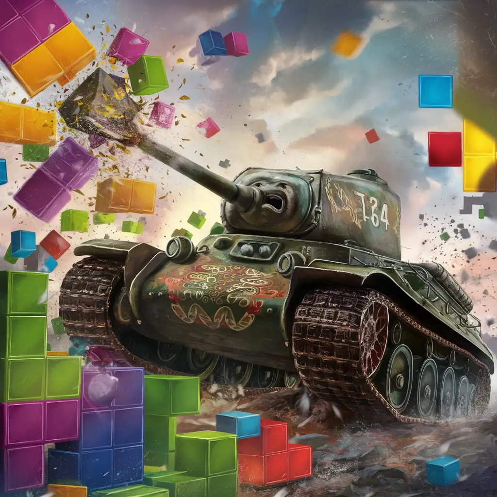 Tank-T34-Smashing-Tetris-Figures-Retro-Gaming-Destruction-Art